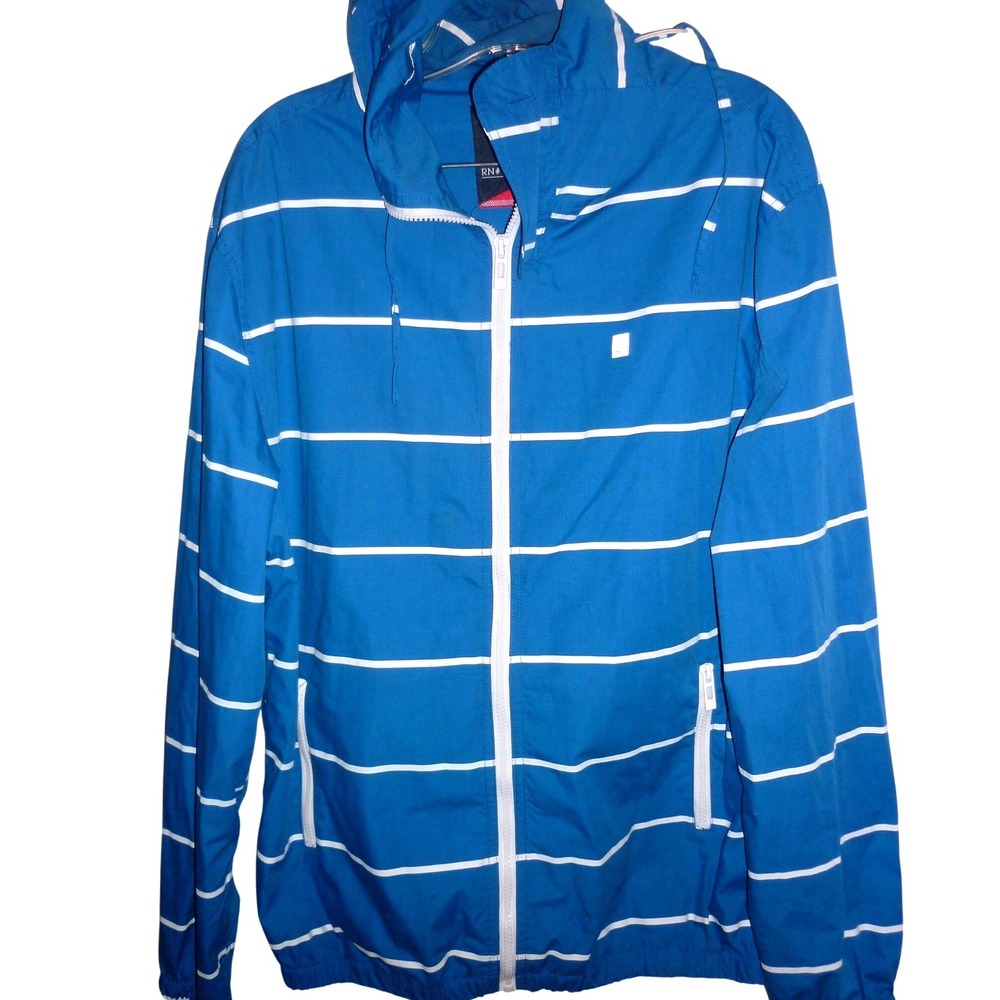 Ecko Unltd Y2K Mens Blue White Striped Hooded Windbreaker Jacket Size M